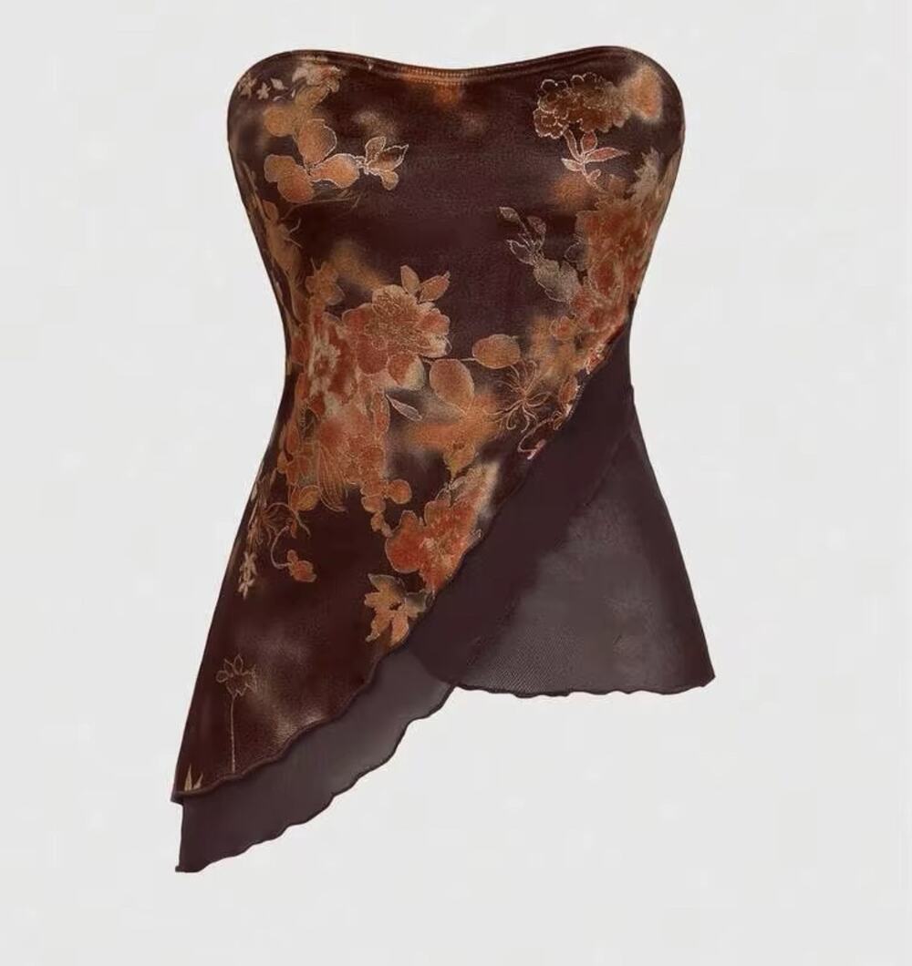 Women’s Sheer Velvet Burnout Y2K Fairy Asymmetrical Cropped Tube Top Size M